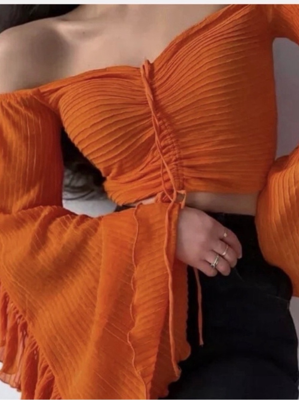 ZARA Orange Off-Shoulder Textured Ruched Crop Top - Size S